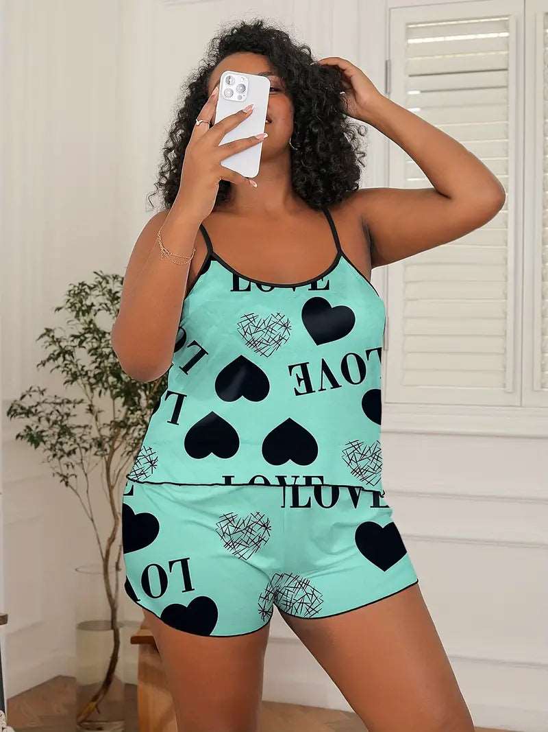 Women's Plus Size Cute Letter & Heart Print Pajamas Set - Comfort Loungewear for a Relaxing Night In