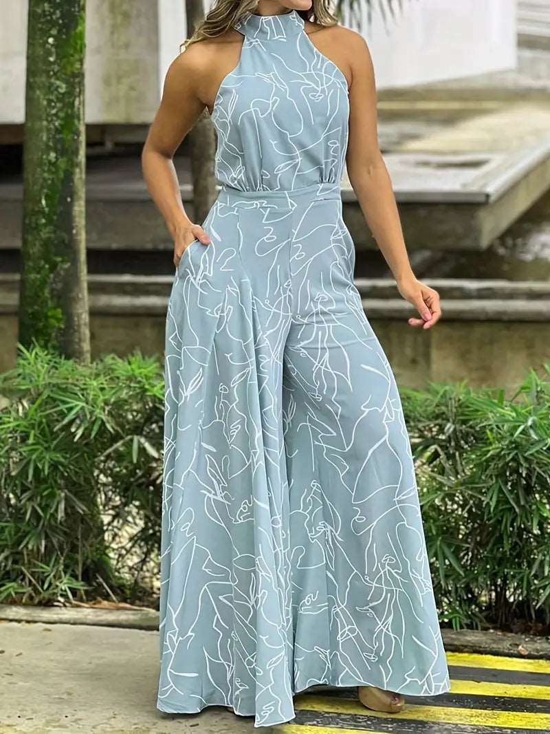 hiddengem Elegant Waist Halter Jumpsuit, Casual Print Tie Sleeveless Waist Summer Wide Leg Long Pant Jumpsuit, Women's Clothing