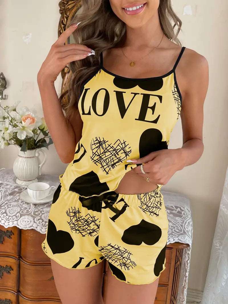 Love Print Pajama Set, Lettuce Trim Cami Tops & Shorts Pajama Set, Women's Sleepwear & Loungewear Yellow