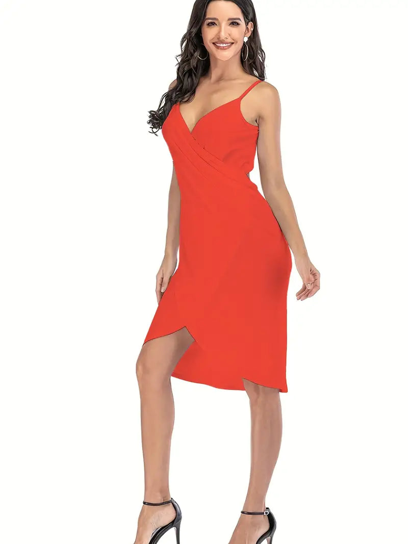 hiddengemboutique Women's V-Neck Spaghetti Strap Beach Dress - Loose Fit, High-Stretch & Stylish Swimwear Cover Up Orange