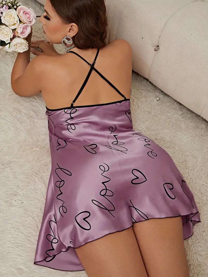 Plus Size Elegant Nightdress, Women's Plus Letter & Heart Print Criss Cross V Neck Sleep Dress