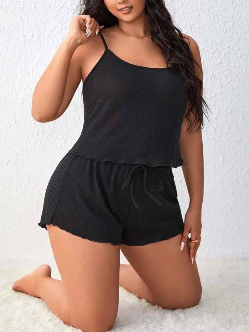 Hidden gem Look & Feel Comfortable: Plus Size Women's Waffle Knit Loungewear Set with Lettuce Trim Cami & Drawstring Shorts