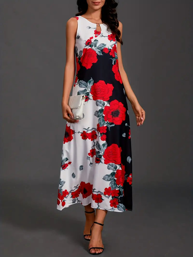 hiddengem Floral Print Pocket Dress, Casual Pocket Waist Summer Swing Long Dresses, Women's Clothing Red flowers