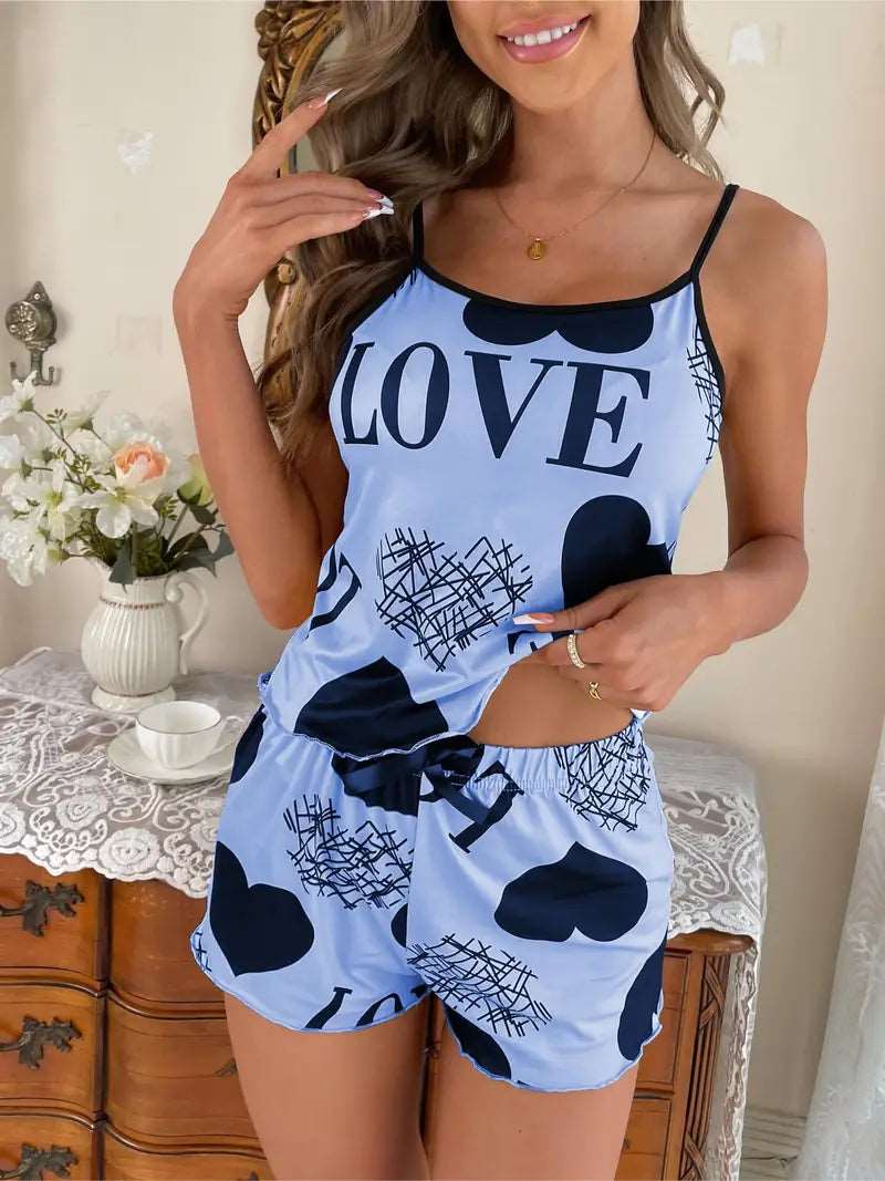 Love Print Pajama Set, Lettuce Trim Cami Tops & Shorts Pajama Set, Women's Sleepwear & Loungewear Blue