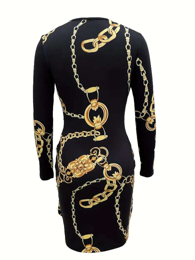 Hiddengem Chain Print Long Sleeve Dress, V Neck Random Print Casual Dress, Women's Clothing