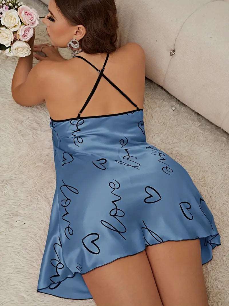 Plus Size Elegant Nightdress, Women's Plus Letter & Heart Print Criss Cross V Neck Sleep Dress