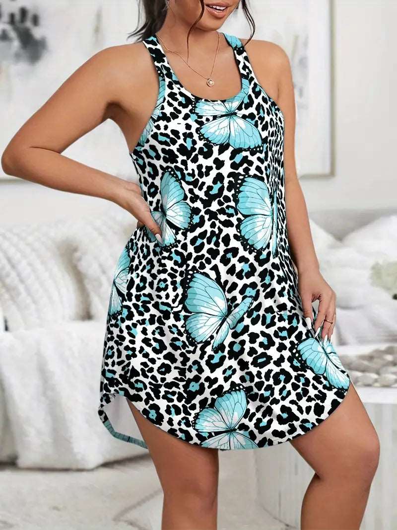 Hiddengemboutique Women's Plus Size Leopard & Butterfly Print Racer Back Tank Sleep Dress - Perfect for Casual Nights