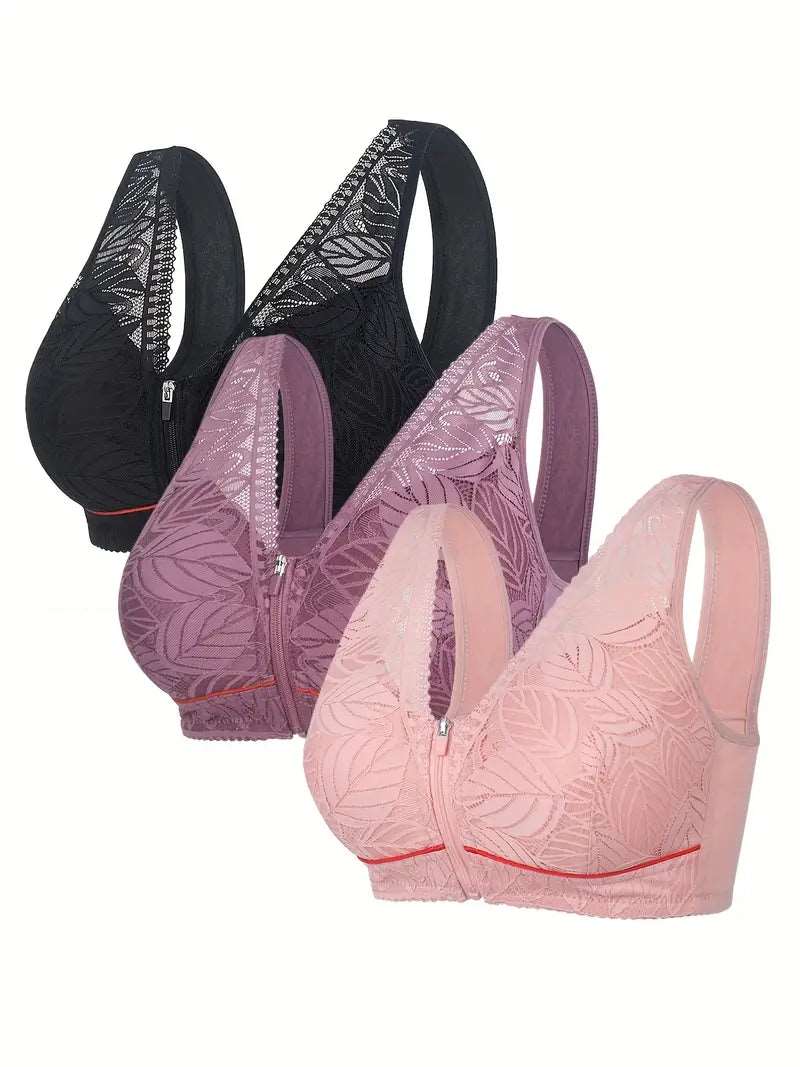 3 Pack Plus Size Elegant Bras Set, Women's Plus Leaf Jacquard Lace Zipper Wide Strap Wireless Tank Bras Three Piece Set