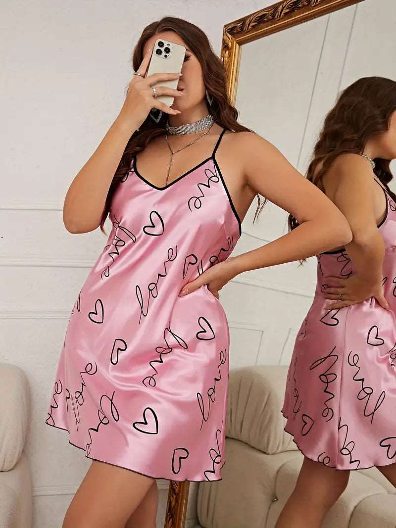 Plus Size Elegant Nightdress, Women's Plus Letter & Heart Print Criss Cross V Neck Sleep Dress