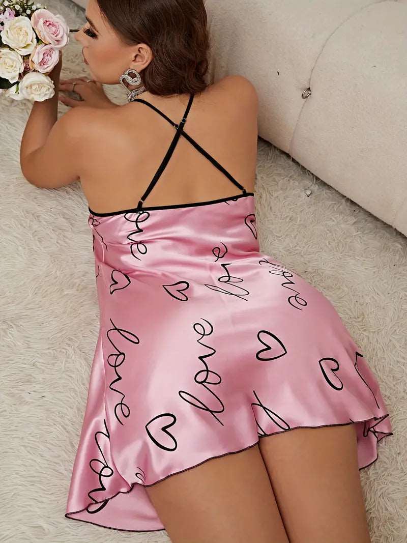 Plus Size Elegant Nightdress, Women's Plus Letter & Heart Print Criss Cross V Neck Sleep Dress