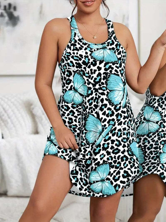 Hiddengemboutique Women's Plus Size Leopard & Butterfly Print Racer Back Tank Sleep Dress - Perfect for Casual Nights