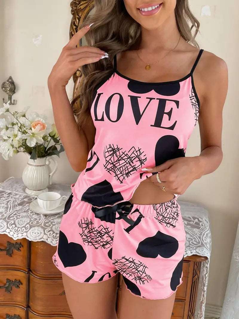 Love Print Pajama Set, Lettuce Trim Cami Tops & Shorts Pajama Set, Women's Sleepwear & Loungewear