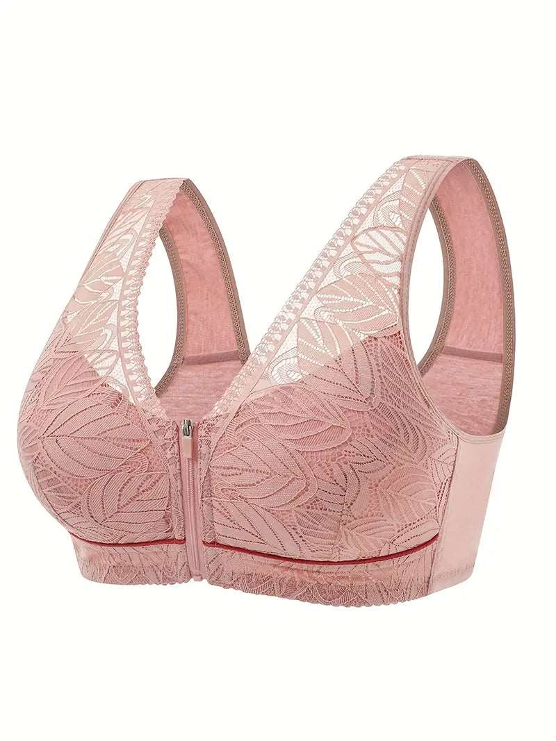 3 Pack Plus Size Elegant Bras Set, Women's Plus Leaf Jacquard Lace Zipper Wide Strap Wireless Tank Bras Three Piece Set