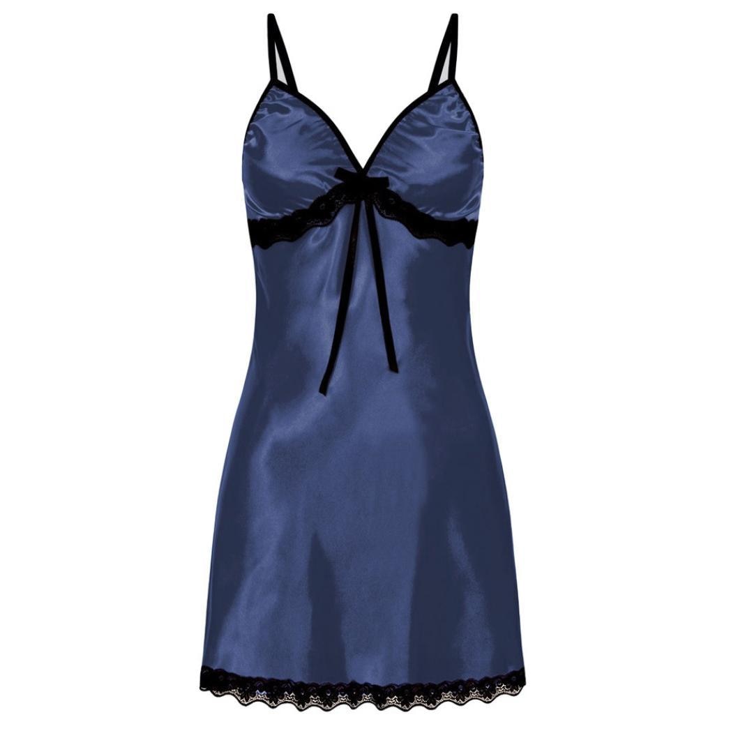 Women Sexy Sleepwear Lace Silk Satin Night Dress Sleeveless Nighties V-neck Nightgown Plus Size Nightwear Blue