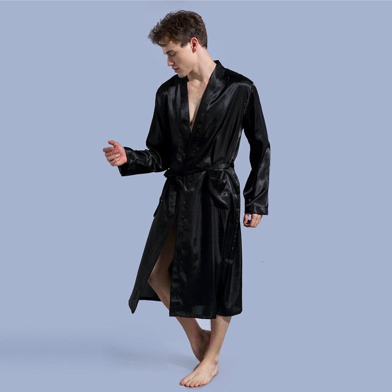 hiddengem Mens Silk Satin Robes Pajamas Long Sleeve Solid Sleepwear Kimono Male Bathrobe Leisure Men Loungewear Dressing Gown black