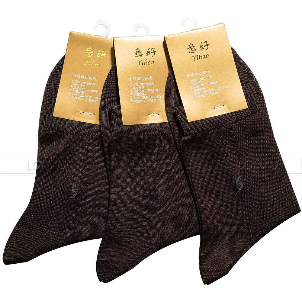 3 Pairs Mens 100% Silk Socks 100% mid Calf Free p&p Black Brown Beige Gray Navy Blue__ Suitable for four seasons Brown