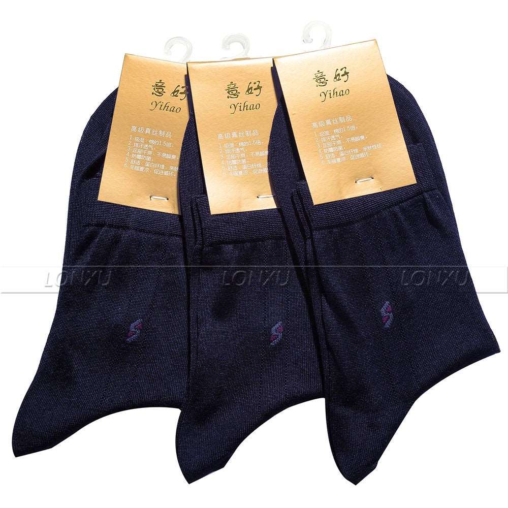 3 Pairs Mens 100% Silk Socks 100% mid Calf Free p&p Black Brown Beige Gray Navy Blue__ Suitable for four seasons Navy Blue