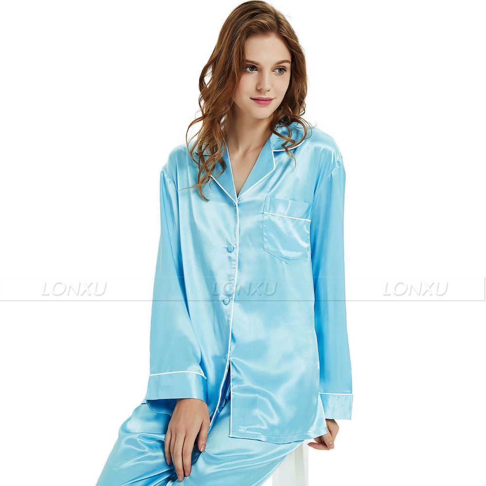 Womens Silk Satin Pajamas Pyjamas Set Sleepwear Loungewear U.S.S6,M8,M10,L12,L14,L16,L18,L20 S ~3XL Plus Size Sky Blue