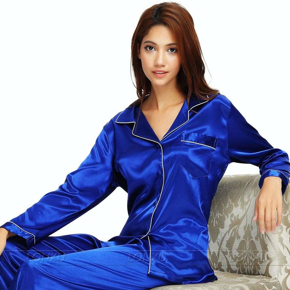 Womens Silk Satin Pajamas Pyjamas Set Sleepwear Loungewear U.S.S6,M8,M10,L12,L14,L16,L18,L20 S ~3XL Plus Size Royal Blue