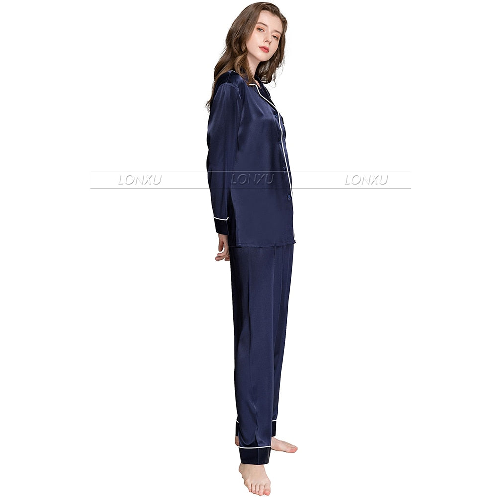 Womens Silk Satin Pajamas Pyjamas Set Sleepwear Loungewear U.S.S6,M8,M10,L12,L14,L16,L18,L20 S ~3XL Plus Size Navy Blue