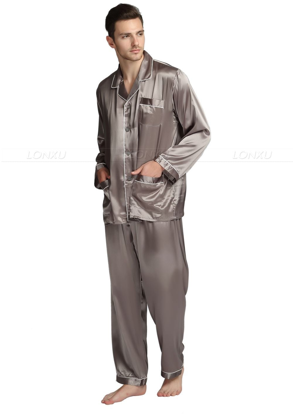 hiddengem Mens Silk Satin Pajamas Pyjamas Set Sleepwear Set Loungewear U.S. S,M,L,XL,XXL,XXXL,4XL__Fits All Seasons Gray