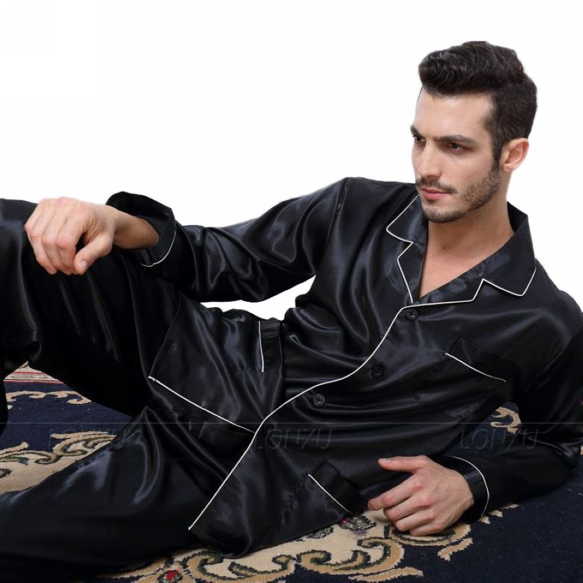 hiddengem Mens Silk Satin Pajamas Pyjamas Set Sleepwear Set Loungewear U.S. S,M,L,XL,XXL,XXXL,4XL__Fits All Seasons Black