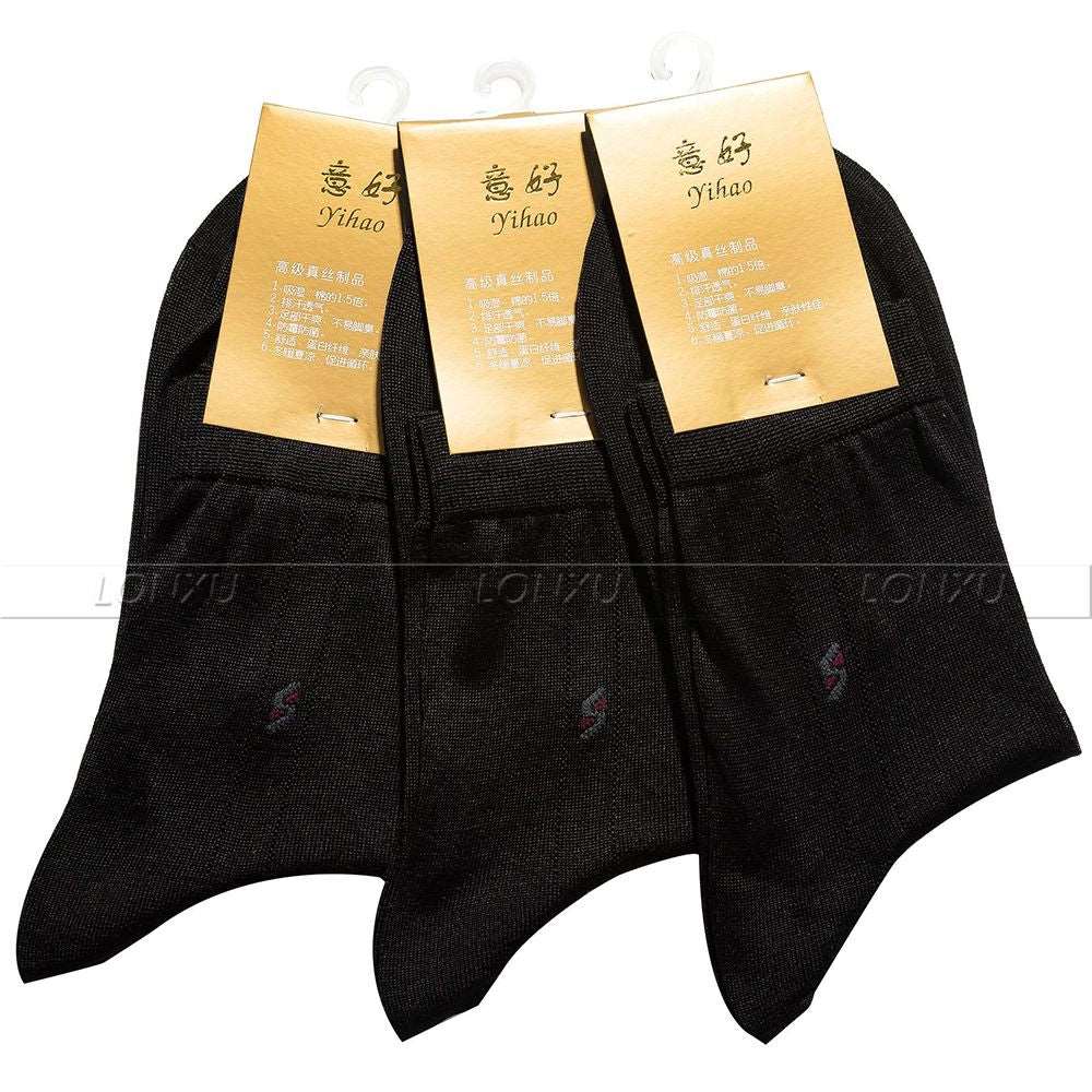 3 Pairs Mens 100% Silk Socks 100% mid Calf Free p&p Black Brown Beige Gray Navy Blue__ Suitable for four seasons Black