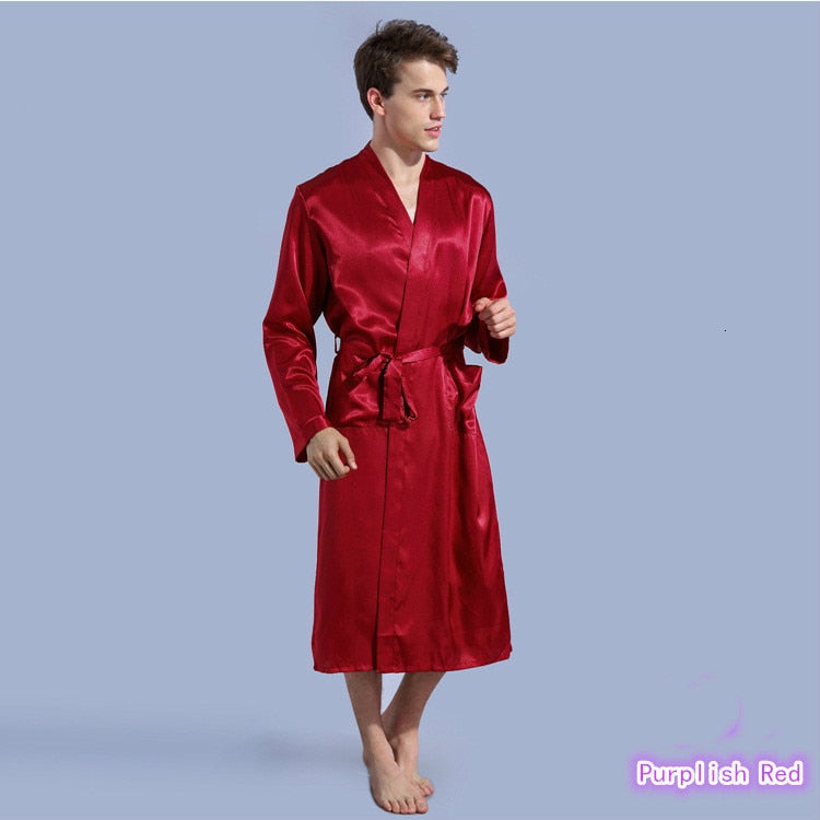 hiddengem Mens Silk Satin Robes Pajamas Long Sleeve Solid Sleepwear Kimono Male Bathrobe Leisure Men Loungewear Dressing Gown purplishred