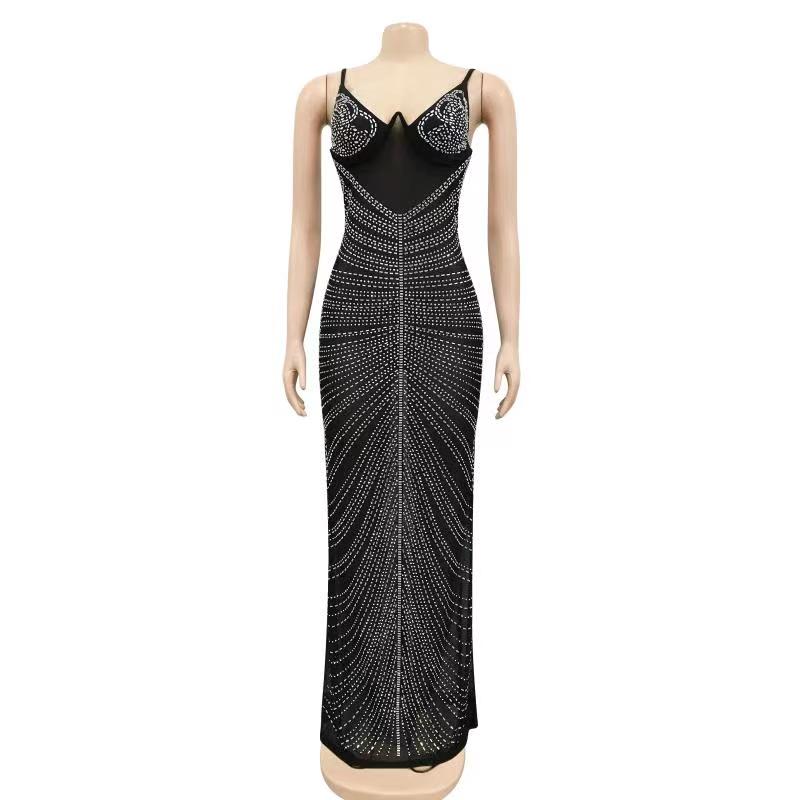 hiddengem Gorgeous Black Mesh Rhinestone Underwire Mermaid Gown Summer Women Sheer Mesh Crystal Party Dress Celebrities Outifts Black