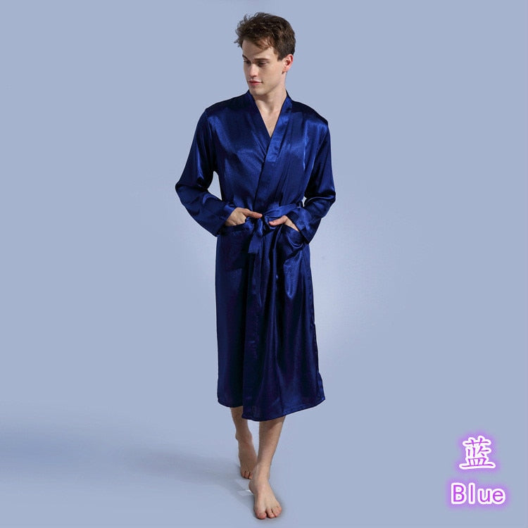 hiddengem Mens Silk Satin Robes Pajamas Long Sleeve Solid Sleepwear Kimono Male Bathrobe Leisure Men Loungewear Dressing Gown darkblue