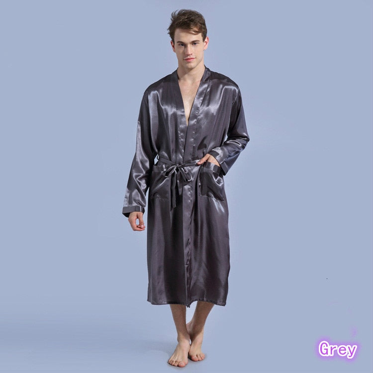 hiddengem Mens Silk Satin Robes Pajamas Long Sleeve Solid Sleepwear Kimono Male Bathrobe Leisure Men Loungewear Dressing Gown gray