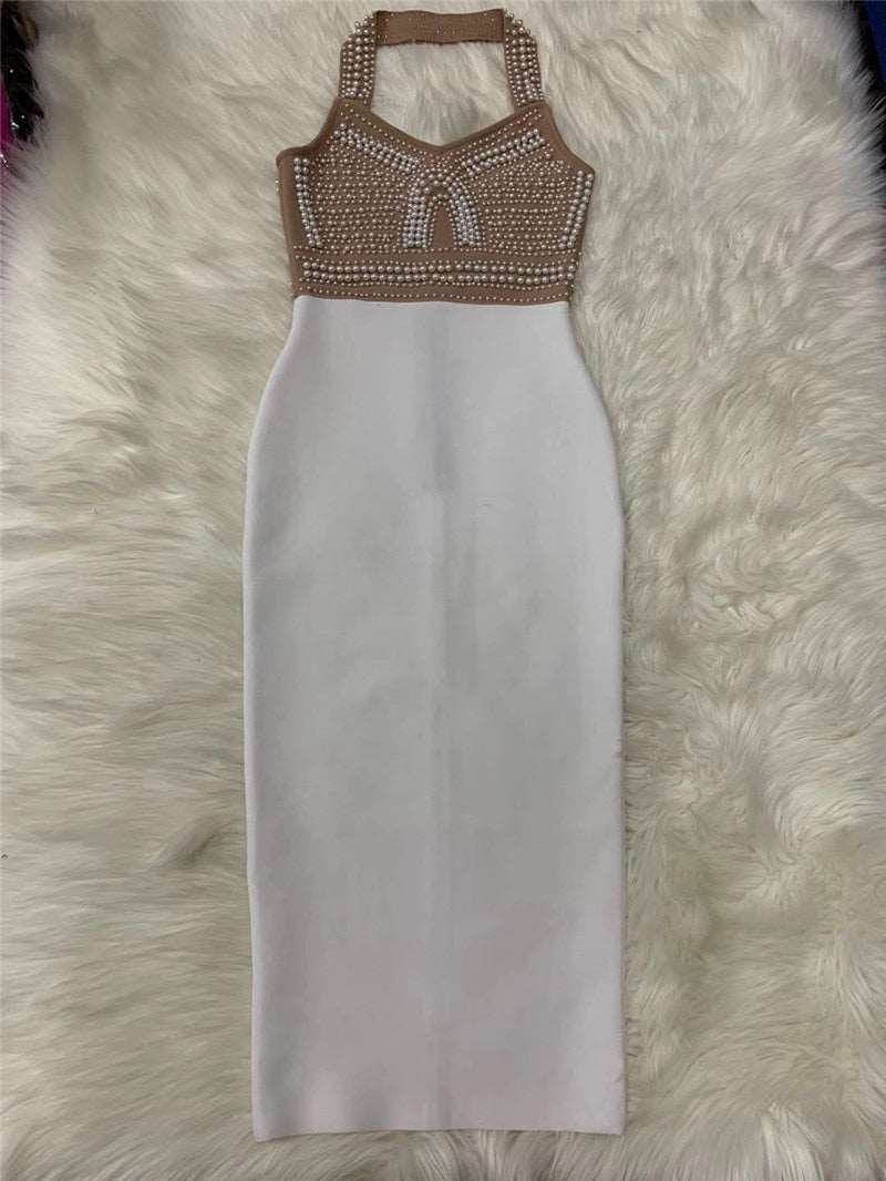 Top Quality High Street White Black Sexy Off Shoulder Sleeveless Beading Shining Knee Length Bandage Dress Celebrity Party White 170