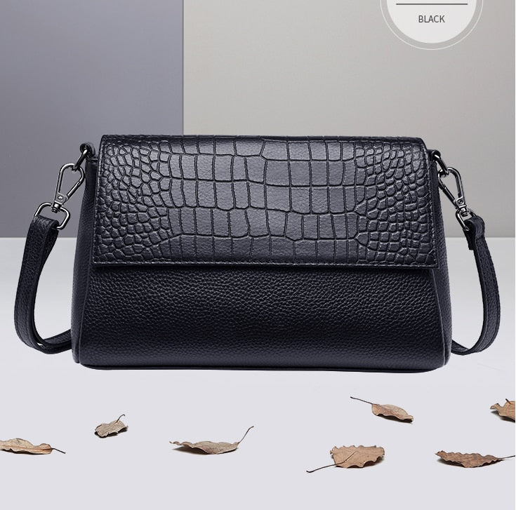 hiddengem 100% Real Leather Lady's Shoulder Bags High-grade Crocodile Pattern Embossed Large Capacity leisure Messenger Handbags Black