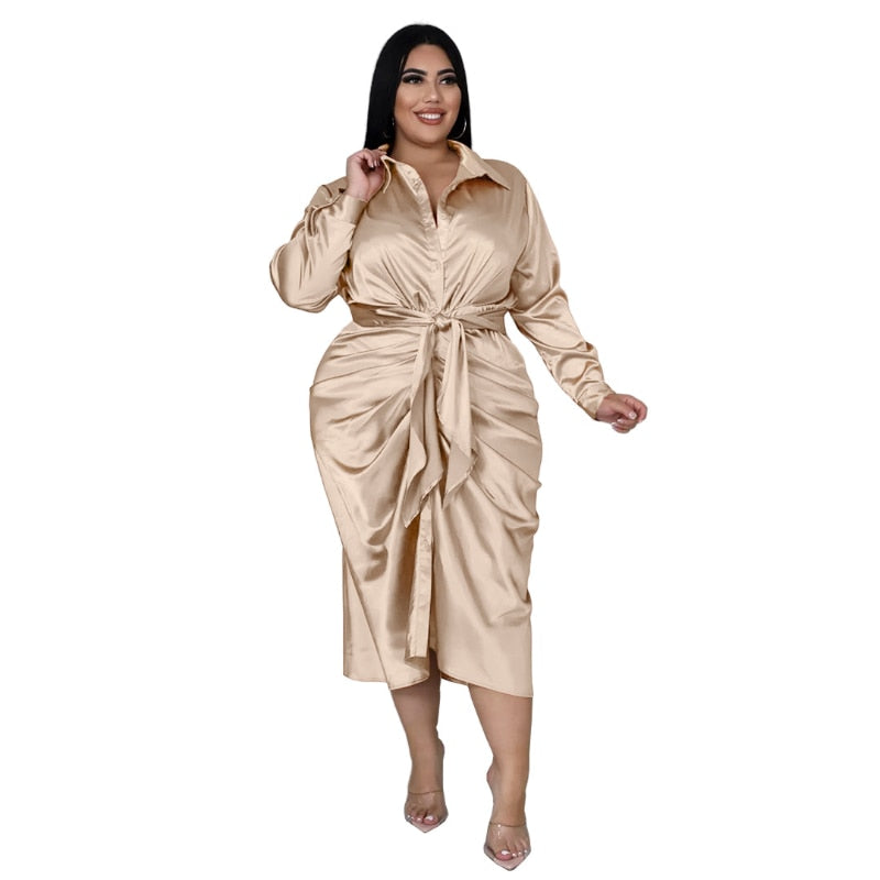 Elegant Satin Plus Size Women Shirt Dress Sexy Ruched Long Sleeve Lace Up Evening Party Midi Drerss Vestido Africano Feminino Champagne color