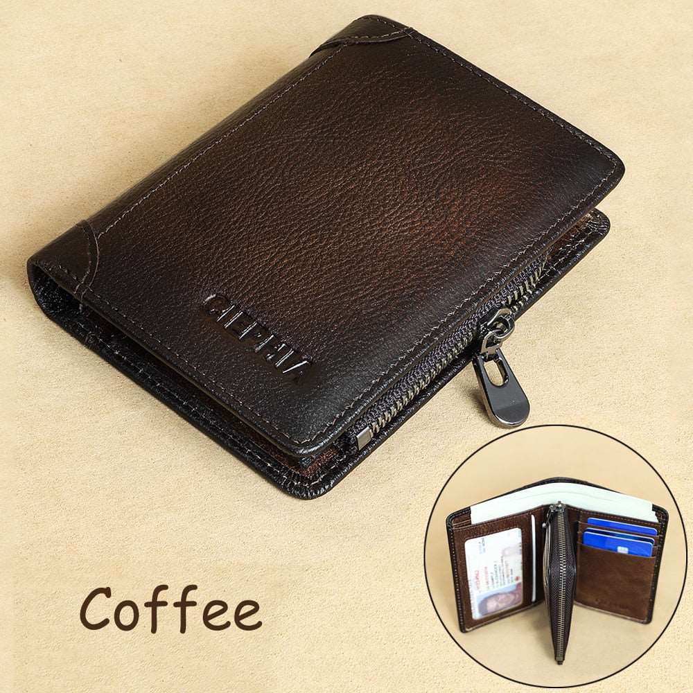 Genuine Leather Rfid Protection Wallets for Men Vintage Thin Short Multi Function ID Credit Card Holder Money Bag Coffee with zipper China