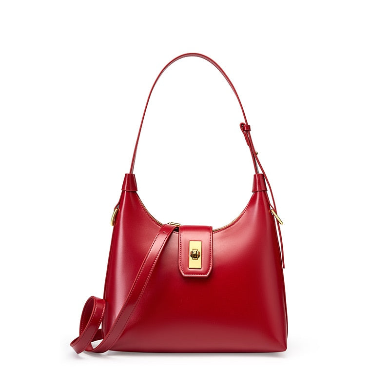 New Women's Genuine Leather Handbag Fashion Versatile Shoulder Bag Vintage Handbag Cowhide Underarm Half Moon Bag tote bag (20cm<Max Length<30cm) Red