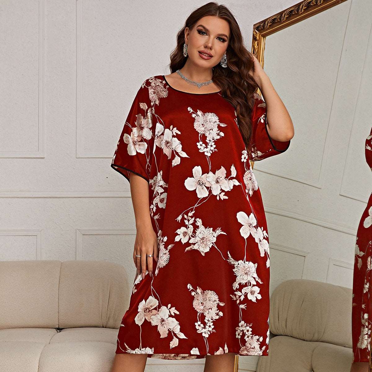 Ice Silk Loose Nightgown Oversized Sleepwear Women's Sexy Print Homewear New Loungewear Sleepshirt Plus Szie 3Xl 4Xl 5Xl Red Flower A