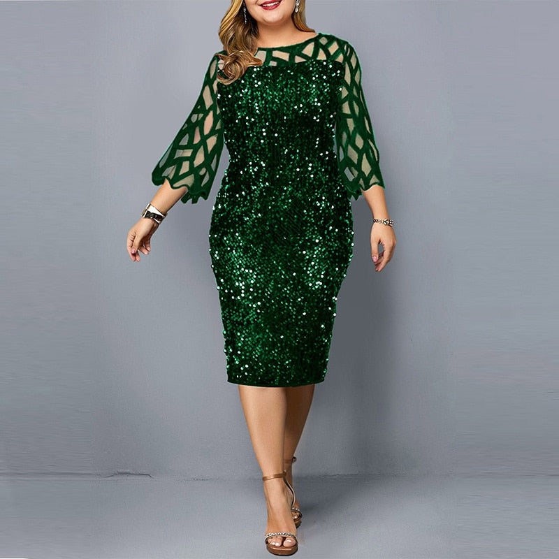 Elegant Sequin Long Sleeve Plus Size Women Midi Dress Sexy Casual Evening Party Dresses Wedding Luxury Women Robe Rouge Vestido green