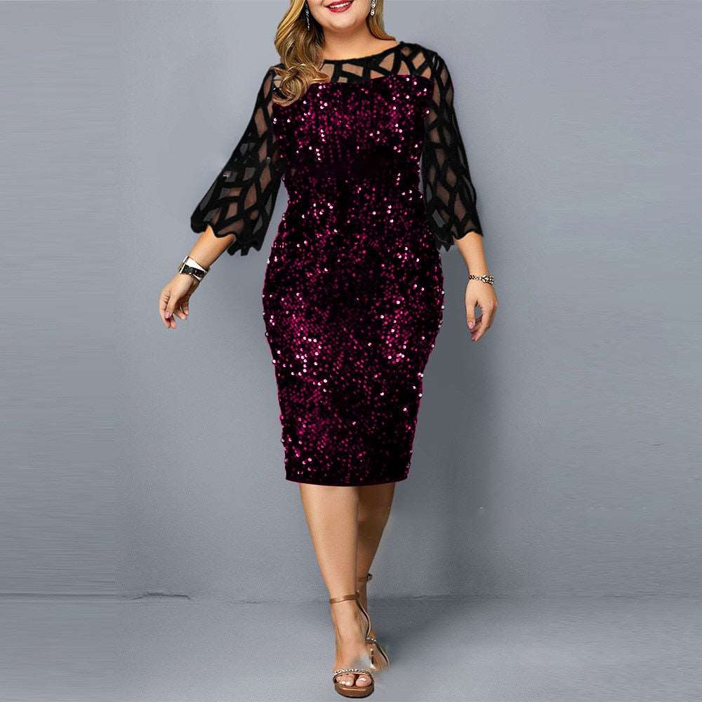 Elegant Sequin Long Sleeve Plus Size Women Midi Dress Sexy Casual Evening Party Dresses Wedding Luxury Women Robe Rouge Vestido Purple on black