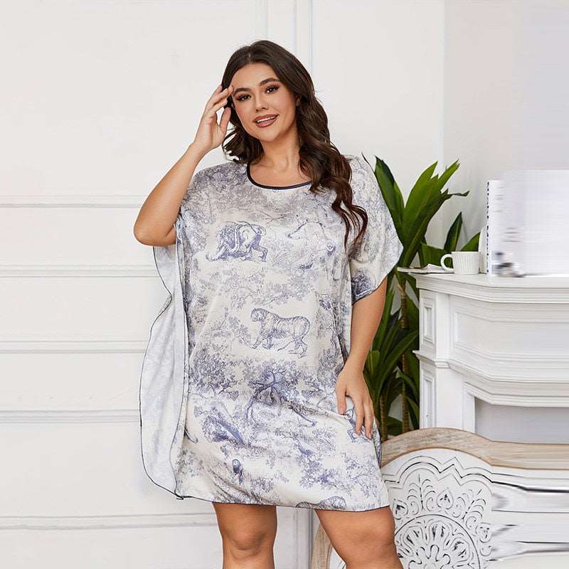 Ice Silk Loose Nightgown Oversized Sleepwear Women's Sexy Print Homewear New Loungewear Sleepshirt Plus Szie 3Xl 4Xl 5Xl