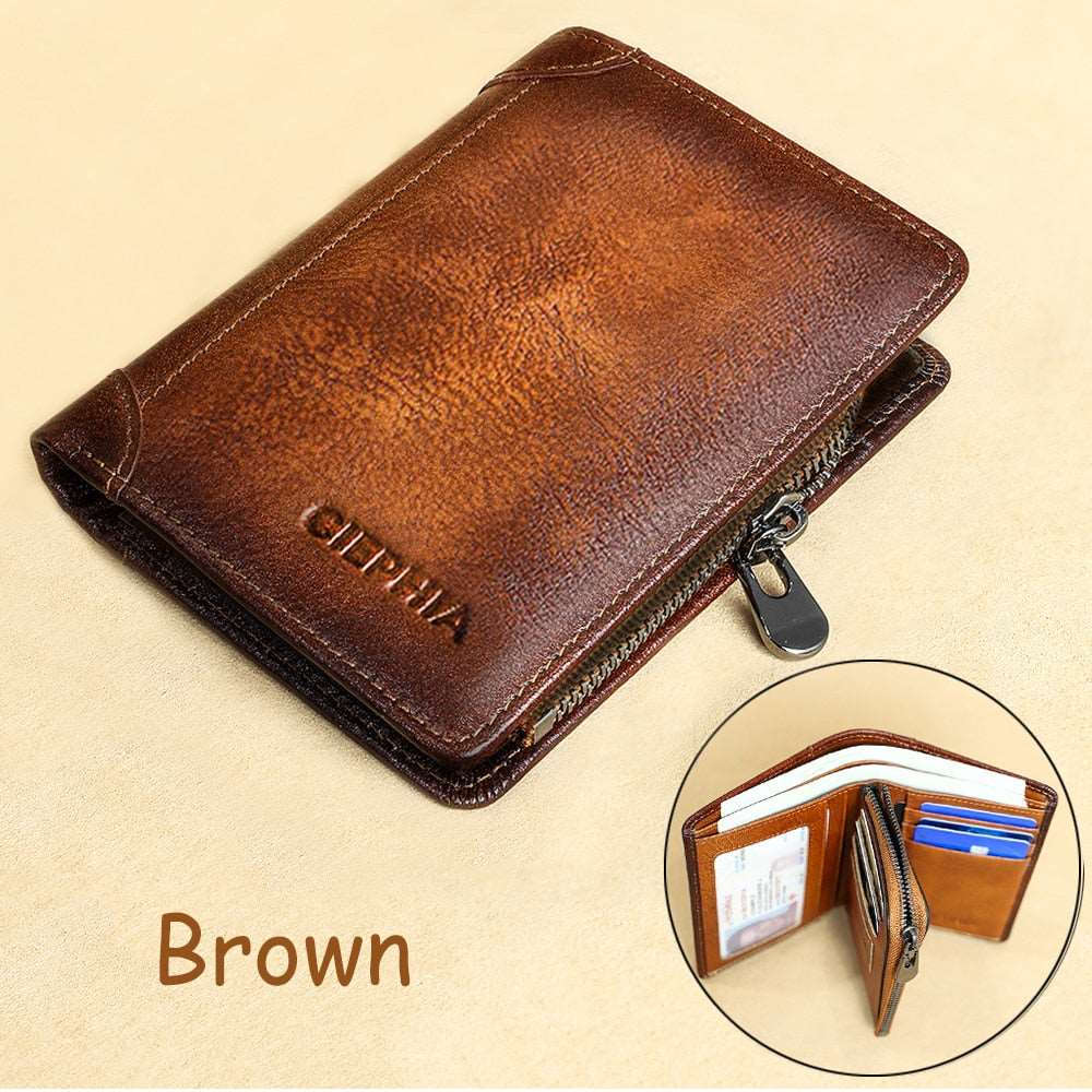 Genuine Leather Rfid Protection Wallets for Men Vintage Thin Short Multi Function ID Credit Card Holder Money Bag Brown with zipper China