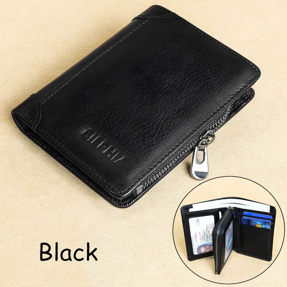 Genuine Leather Rfid Protection Wallets for Men Vintage Thin Short Multi Function ID Credit Card Holder Money Bag Black with zipper China