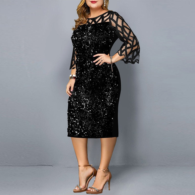 Elegant Sequin Long Sleeve Plus Size Women Midi Dress Sexy Casual Evening Party Dresses Wedding Luxury Women Robe Rouge Vestido black