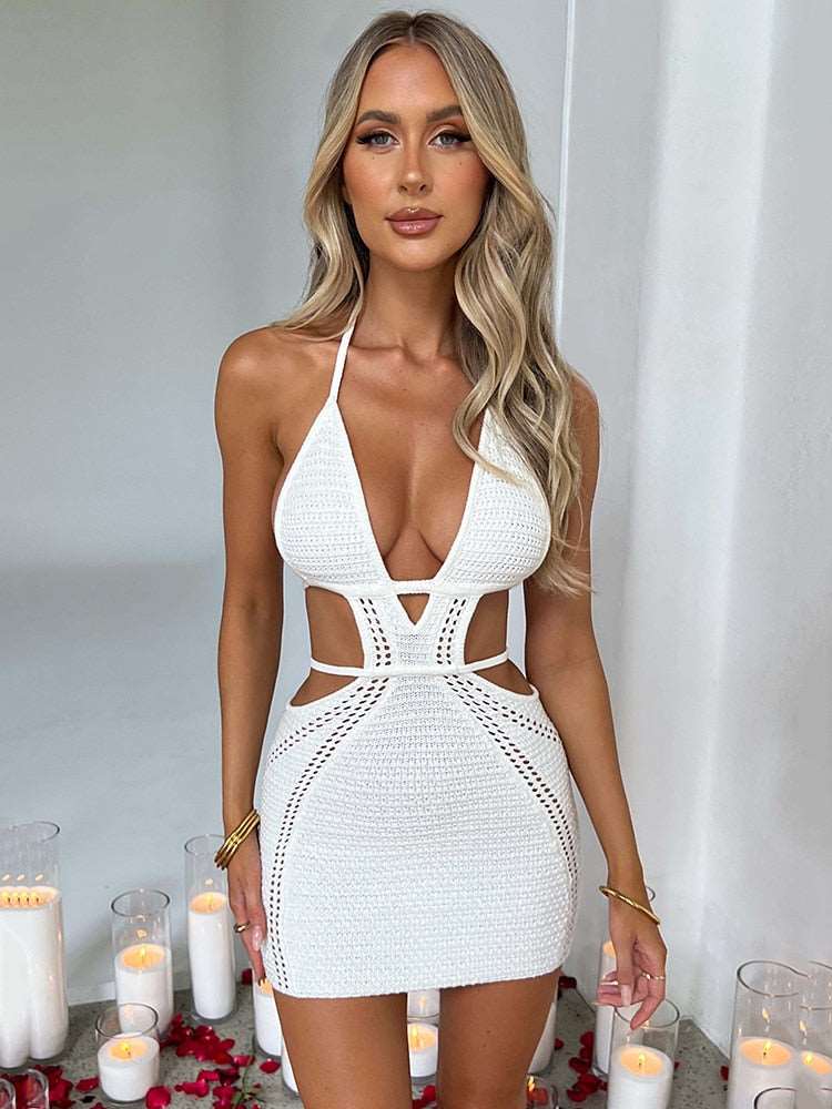 hiddengem Hollow Out Halter Sexy Mini Dress Women Summer New Sleeveless Backless Skinny Club Party Knit Tank Dress Vestido White