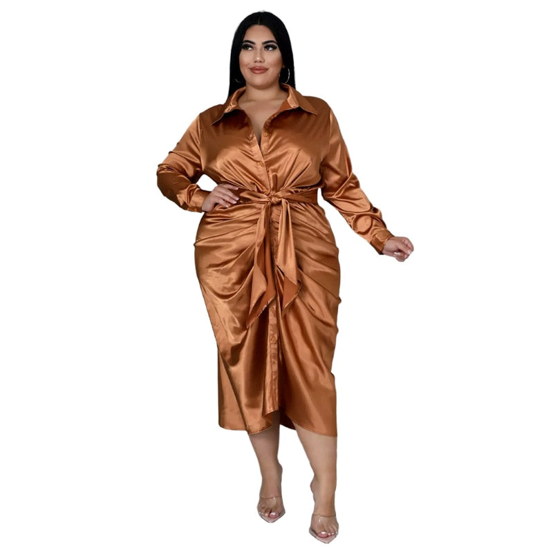 Elegant Satin Plus Size Women Shirt Dress Sexy Ruched Long Sleeve Lace Up Evening Party Midi Drerss Vestido Africano Feminino bronzed