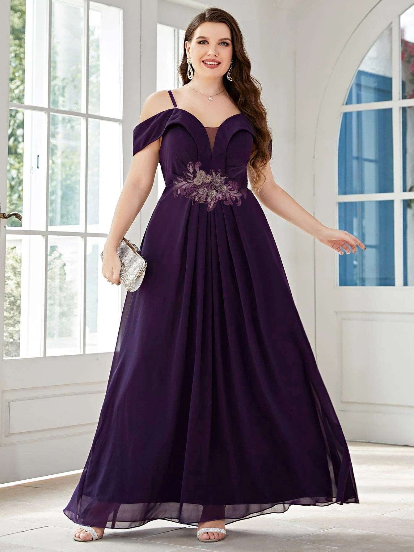 Women Plus Size Bridesmaid Dresses Wedding Elegant Lace Rhinestones Applique Party Dresses Large Size Lady Chiffon Evening Dress Purple