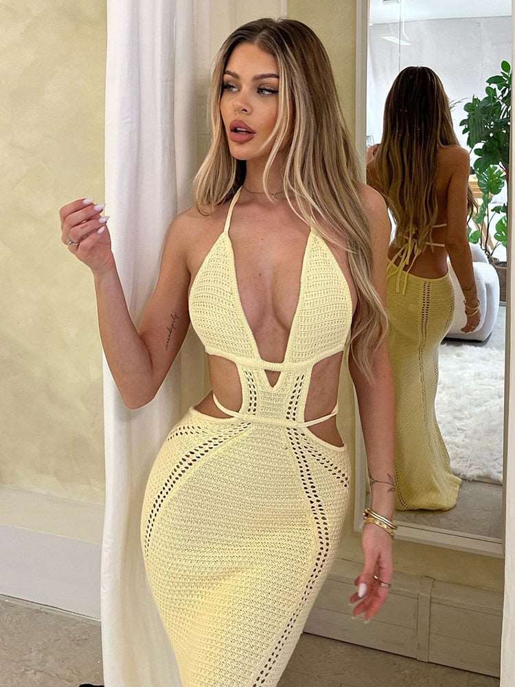 hiddengem Hollow Out Halter Sexy Mini Dress Women Summer New Sleeveless Backless Skinny Club Party Knit Tank Dress Vestido Yellow