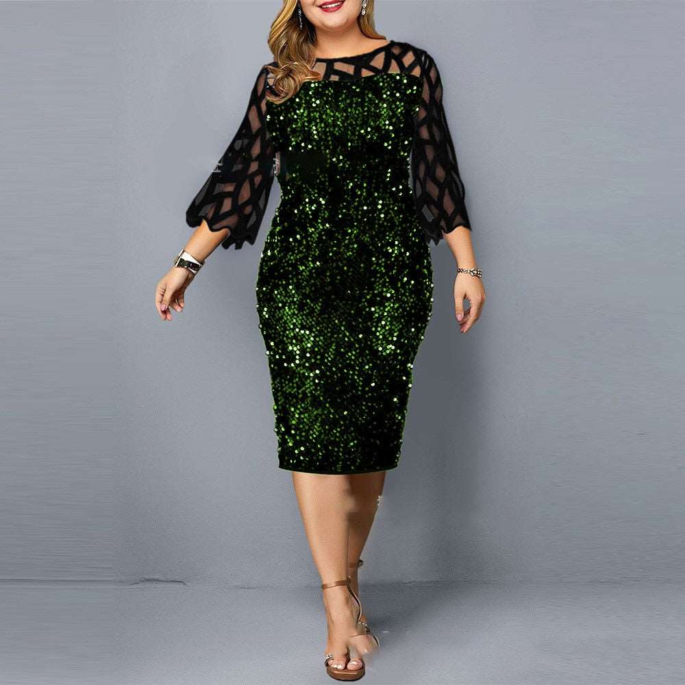 Elegant Sequin Long Sleeve Plus Size Women Midi Dress Sexy Casual Evening Party Dresses Wedding Luxury Women Robe Rouge Vestido green on black