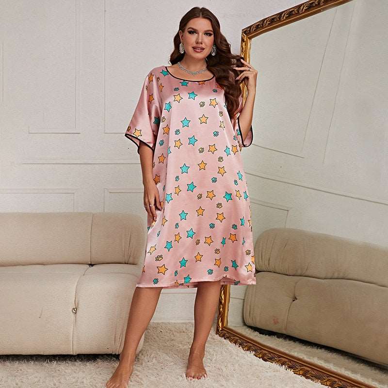 Ice Silk Loose Nightgown Oversized Sleepwear Women's Sexy Print Homewear New Loungewear Sleepshirt Plus Szie 3Xl 4Xl 5Xl Pink Star C