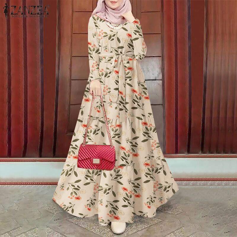 hiddengem Muslim Hijab Long Dress Full Sleeve Printed Dresses For Women Abayas Dubai Abaya Ramadan Turkey Modest Arabic kaftan Robe Beige